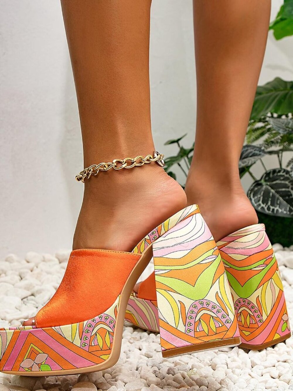 Women's Orange Chunky Platform High Heels Square Open Wedge Sandals Shoes - Picture 2 of 7